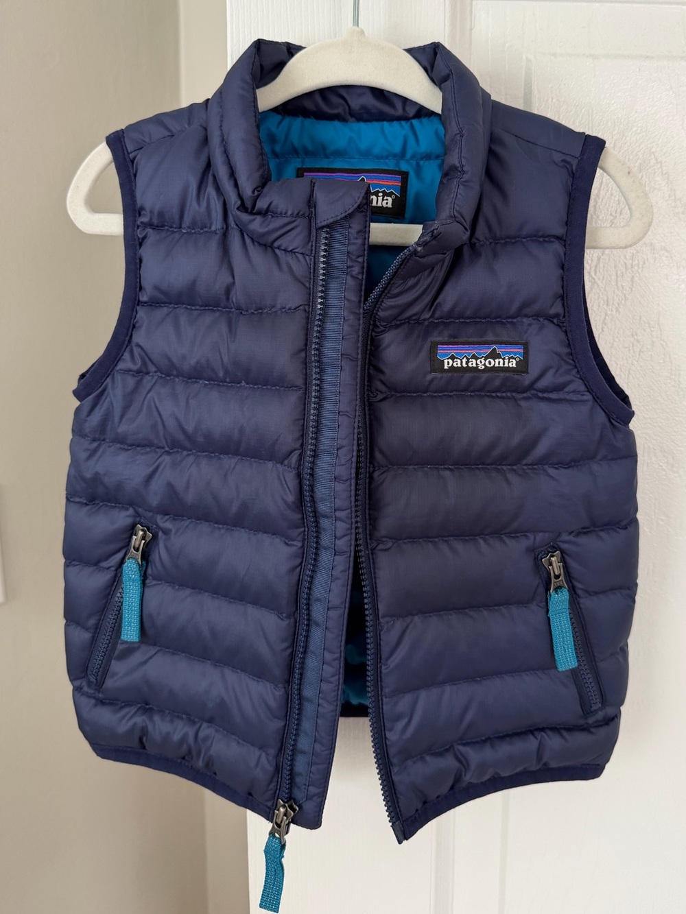 Patagonia Navy Puffer Vest with Teal Accents